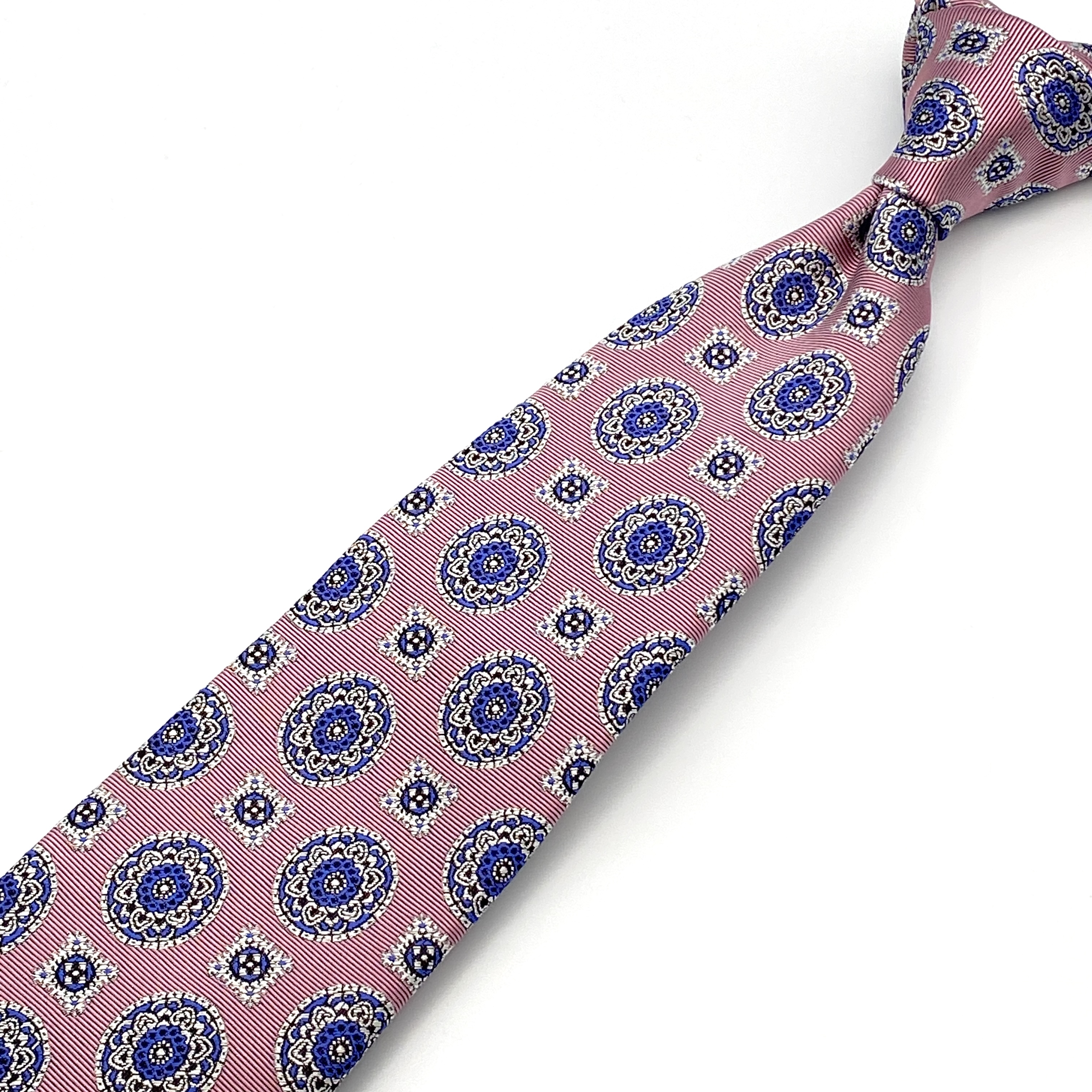 K22-07　ピンク　ブルー花柄小紋ネクタイ